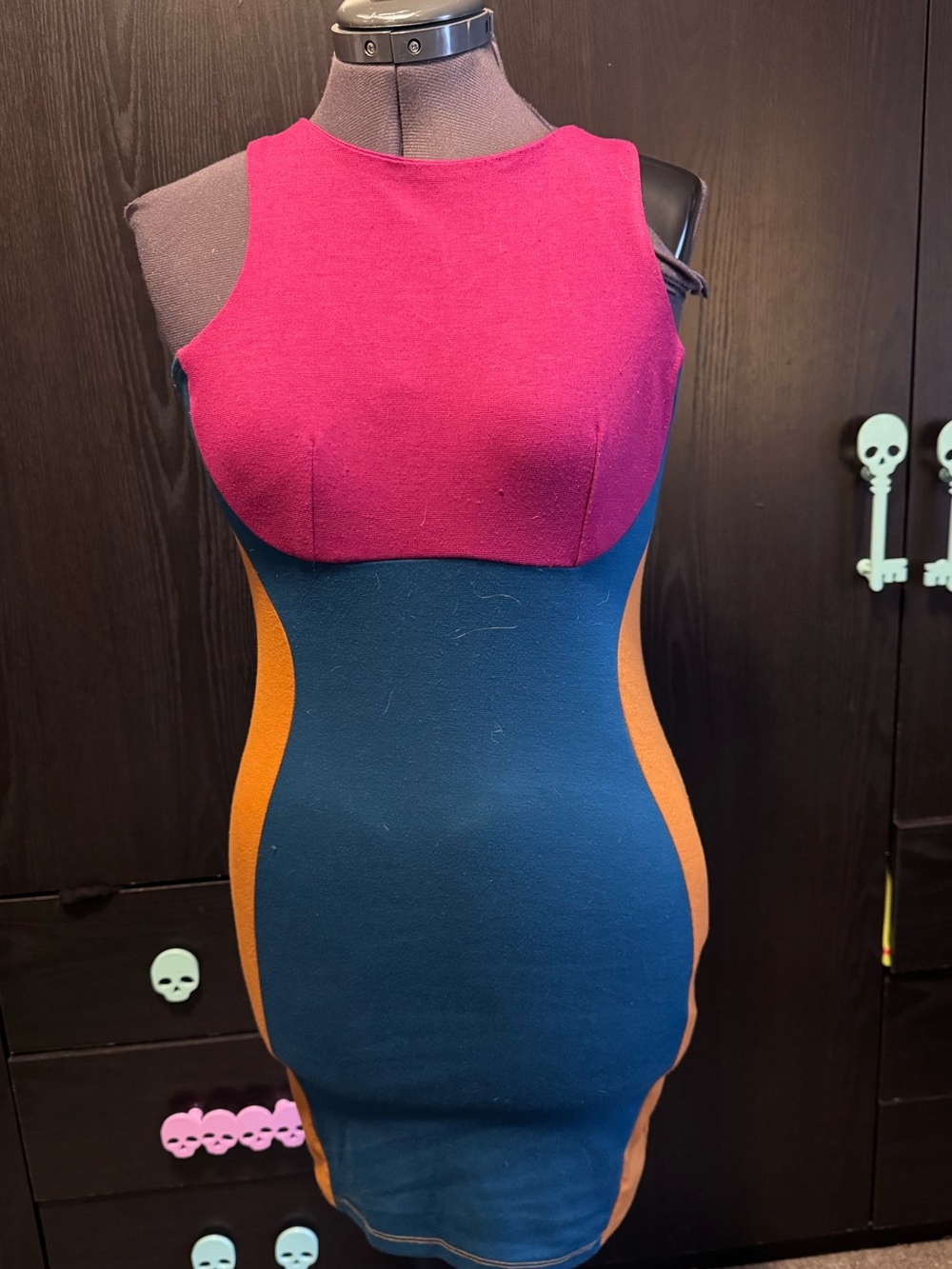 UK2LA Colorblock Bodycon Mini Dress in Fuchsia, Teal and Orange